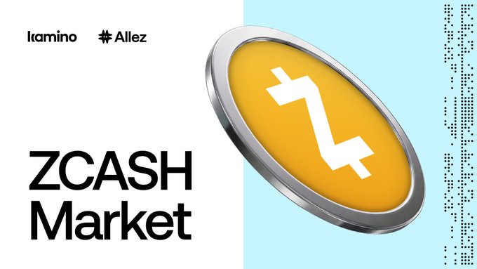 A promotional banner for 'ZCASH Market' shows the logos for 'kamino' and 'Allez' next to a large 3D rendering of a Zcash cryptocurrency coin.
