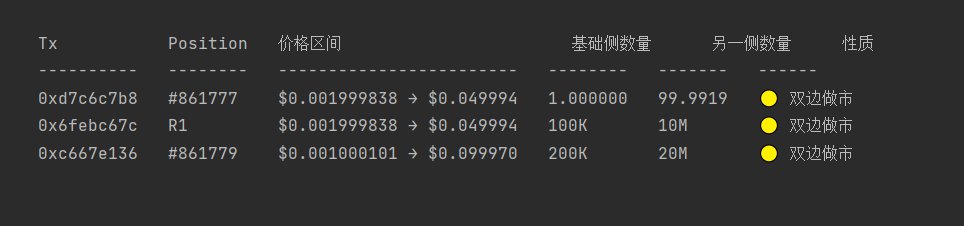 A table showing three transactions (0xd7c6c7b8, 0x6febc67c, 0xc667e136) with position IDs #861777 and R1, displaying price ranges between $0.001999838 to $0.099970, with base token amounts of 1-200K and counterpart amounts of 10M-99.99M, all marked as "双边做市" (dual-sided market making) — likely illustrating a CAP token liquidity pool setup with a sniper range targeting pre-market prices around 200M+ FDV.
