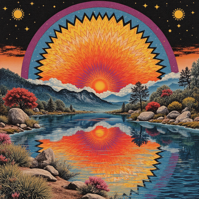 A vibrant psychedelic illustration of a sunburst pattern reflecting over a serene lake at sunset, framed by mountains and flowering trees under a starry night sky.
