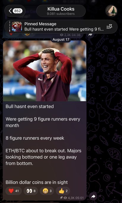The image shows a Telegram post from the channel "Killua Cooks" (9,081 subscribers) dated August 17, featuring a photo of Cristiano Ronaldo and predicting massive crypto gains ("9 figure runners every month," "Billion dollar coins are in sight") with ETH/BTC about to break out, suggesting the channel is being criticized for overhyping unrealistic financial promises.