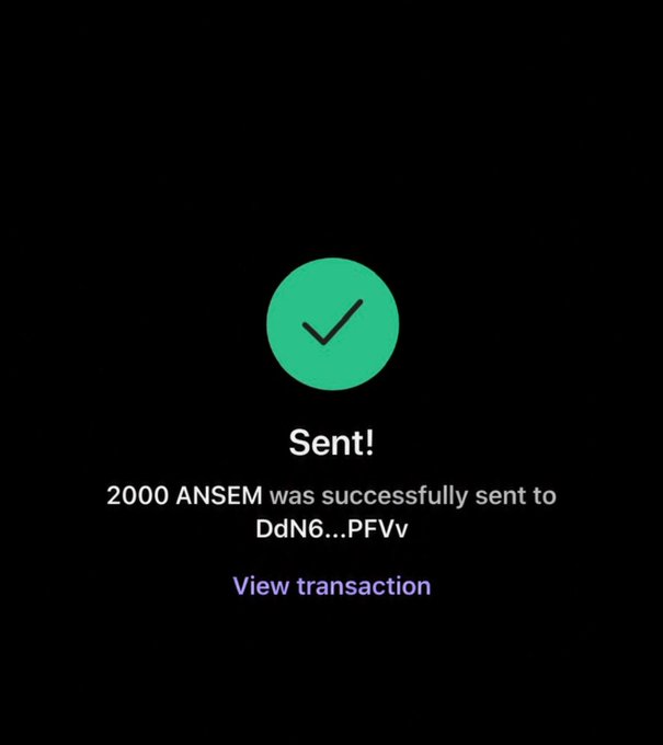 The image displays a confirmation screen with a green checkmark, indicating that 2000 $ANSEM tokens were successfully sent to wallet DdN6...PFVv, with an option to "View transaction." This supports the post's claim of sending tokens to a random wallet as part of the $ANSEM airdrop.