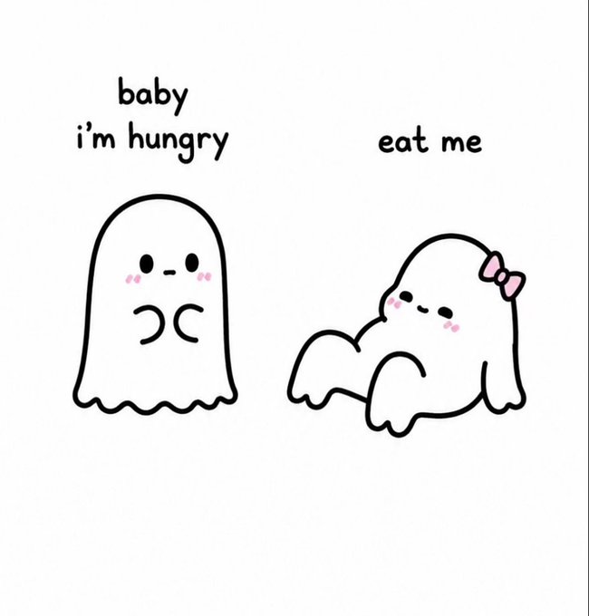 Two cute cartoon ghosts are depicted in a minimalist black-and-white illustration, where a standing ghost with a blushing face asks "baby i'm hungry" while a smaller, lounging ghost wearing a pink bow replies "eat me."