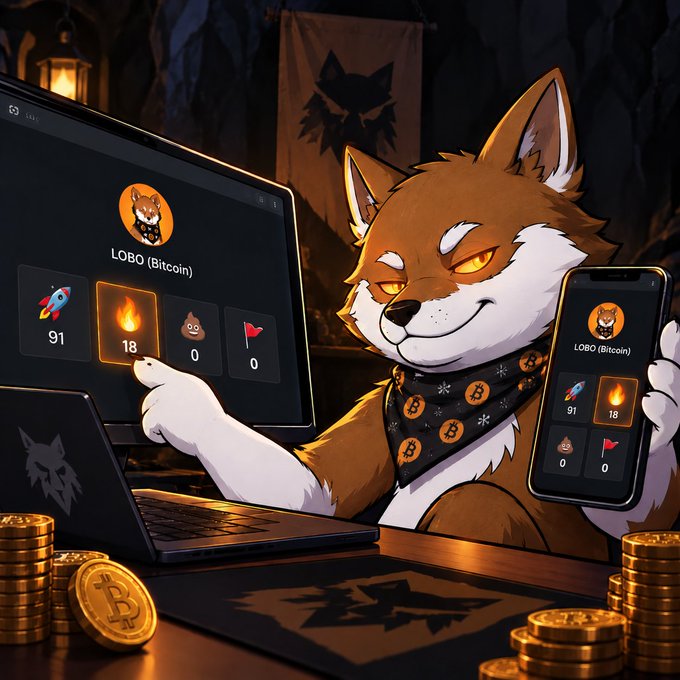 An illustrated cartoon of an anthropomorphic fox/wolf character with a Bitcoin-themed bandana, pointing at a laptop screen displaying 'LOBO (Bitcoin)' with stats showing 91 rockets, 18 fire, and 0 poo/flag icons, while holding a smartphone showing the same stats, surrounded by gold Bitcoin coins.