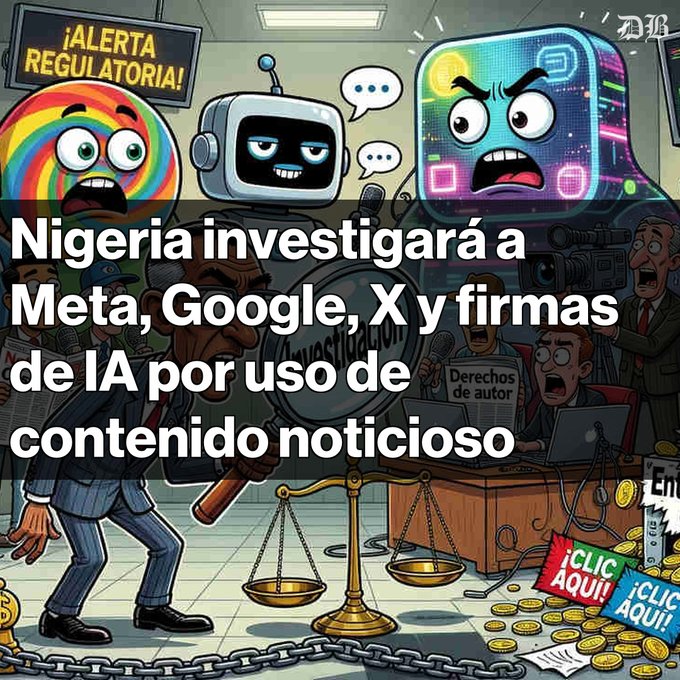 A satirical cartoon with Spanish text 'Nigeria investigará a Meta, Google, X y firmas de IA por uso de contenido noticioso' depicting anthropomorphized tech/AI company logos facing regulatory investigation and journalists.