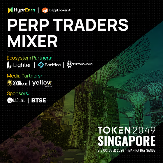 A promotional poster for 'PERP TRADERS MIXER' at TOKEN 2049 SINGAPORE (7-8 October 2026, Marina Bay Sands), featuring Supertree Grove imagery and partner logos like HyprEarn, Lighter, Pacifica, and Yellow.