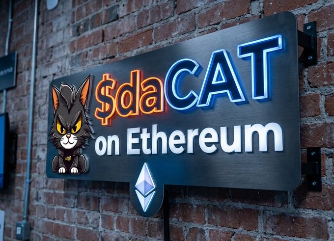 A neon-style sign mounted on a brick wall that reads '$daCAT on Ethereum' with a cartoon cat logo and the Ethereum symbol.