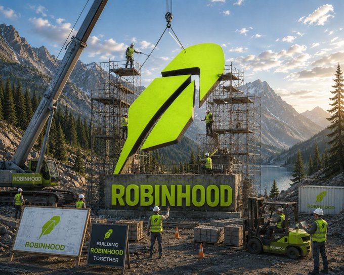 A dramatic scene of construction workers in safety gear installing a large green Robinhood logo sign on a mountain construction site with cranes, forklifts, and 'BUILDING ROBINHOOD TOGETHER' signage.
