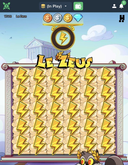 The image shows a slot machine game titled "Le Zeus" in "In Play" mode, displaying a full grid of golden lightning bolt symbols ready for payout. The user is likely showcasing a potential big win on this game featuring Zeus-themed symbols, inviting followers to guess their winnings.