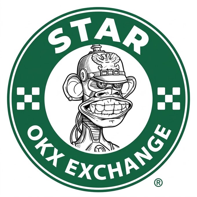 The image is a green circular logo parodying Starbucks, featuring a steampunk-style cyborg monkey wearing a police-style helmet with the text "STAR" on top and "OKX EXCHANGE" on the bottom, replacing the original brand name to poke fun at both the coffee chain and the OKX crypto exchange. The accompanying text "星爸爸" (Star Daddy, a Chinese nickname for Starbucks) and "喜欢我做的图吗？" (Do you like my creation?) indicates the poster made this meme mashup as a humorous visual joke combining the iconic Starbucks siren with OKX branding.