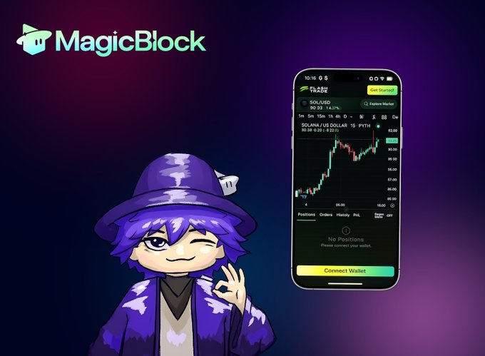 A cartoon person dressed in a purple hat with a fake face is standing next to an iPhone displaying a stock market graph, with a text overlay that reads "Traders on Solana often face delays during periods of high network congestion, making active trading more difficult. That's exactly where @magicblock helps FlashTrade solve these issues". The image also shows a connection symbol in the bottom left corner and another one below it that says 'Convert Wallet'.