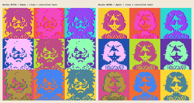Two pixel-art portraits are displayed in a 3x3 grid each, labeled 'Normie #6746 / Human / clean + controlled fault' and 'Normie #6886 / Agent / clean + controlled fault', showcasing various bright color palettes.