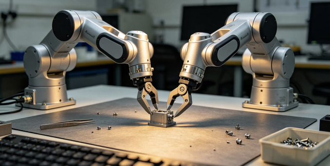 Two robotic arms with grippers collaborate on an assembly task at a workshop table, working together to handle a small metallic component.