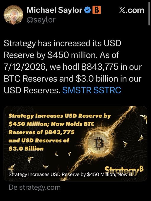 Michael Saylor announces that Strategy has increased its USD Reserve by $450 million, now holding ₿843,775 in BTC reserves and $3.0 billion in USD reserves, as depicted visually with Bitcoin and related text.