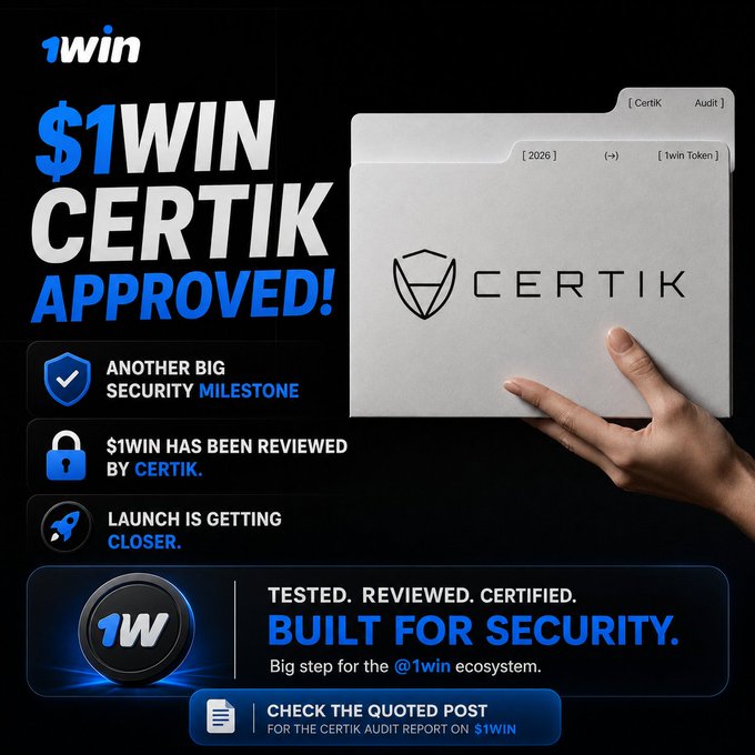 Promotional graphic announcing that the $1WIN token has been CertiK approved, calling it a big security milestone ahead of launch.
