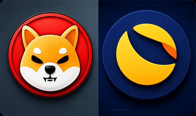 Two cryptocurrency logos are shown side by side: a Shiba Inu dog face on a red circular background and a yellow crescent shape on a dark blue circular background.