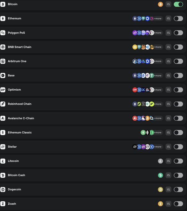 A cryptocurrency wallet settings screen displaying various blockchain networks including Bitcoin, Ethereum, Polygon PoS, BNB Smart Chain, Arbitrum One, Base, Optimism, Robinhood Chain, Avalanche C-Chain, Ethereum Classic, Stellar, Litecoin, Bitcoin Cash, Dogecoin, and Zcash, with toggle switches (Bitcoin enabled) and token icons—serving as a visual guide/chartsheet for managing multiple crypto networks.