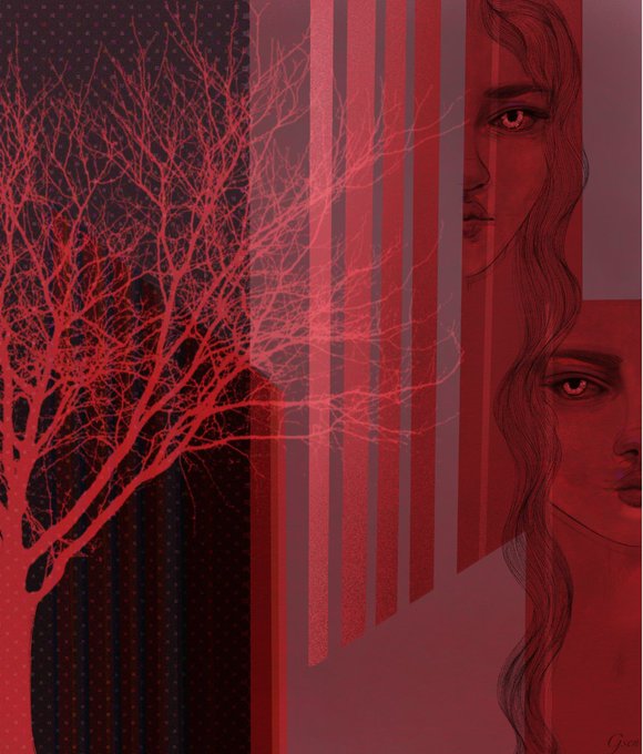 A dark, stylized digital illustration rendered in red and black, depicting a bare tree silhouette overlaid on vertical stripes and fragmented portraits of women's faces.