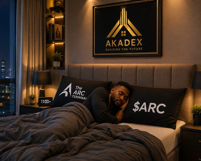 An interior bedroom scene where a man rests on a bed with pillows labeled 'The ARC Terminal' and '$ARC', under a framed sign reading 'AKADEX - BUILDING THE FUTURE'.