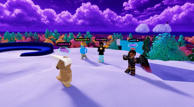 A screenshot from Decentraland's virtual world showing avatars—including one labeled "CRYPTOMINO" with black wings—gathering in a purple-hued, surreal landscape alongside a dog character, reflecting the post's shoutout to @Crypt0M1notaur during a live metaverse hangout. Usernames like "metaLuke," "Dierkurgos108," "420KillBillFlo," "Bauffe11," "ShaCk," and "EsTaXs" float above the avatars as nametags.