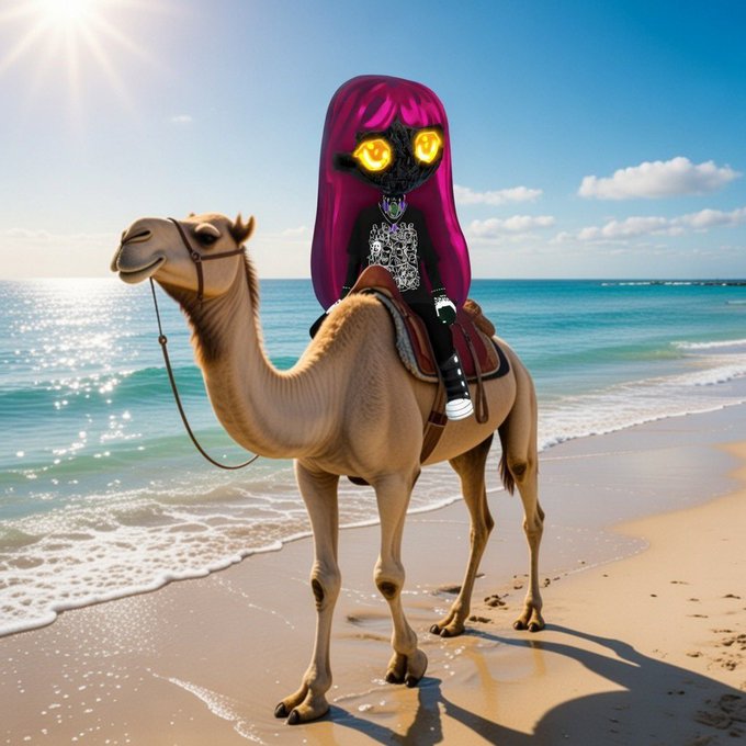 A 3D-rendered character with pink hair and glowing star-shaped eyes rides a camel along a sunny beach.