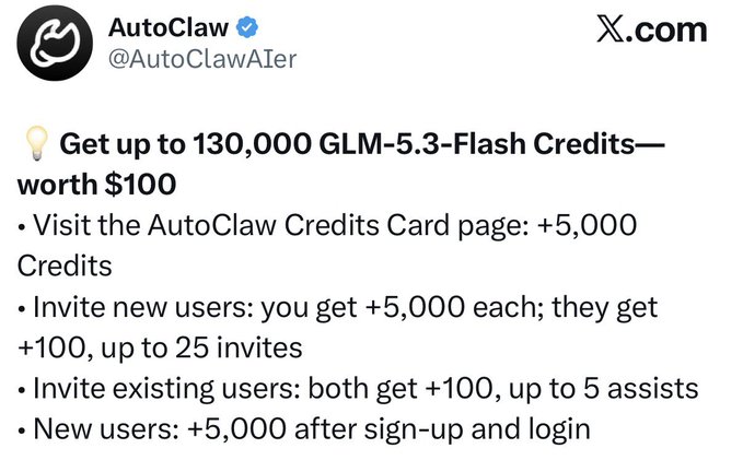 A tweet from @AutoClawAIer details a promotion offering up to 130,000 GLM-5.3-Flash Credits (worth $100), with bonuses for visiting the credits card page (+5,000), inviting new users (+5,000 each), inviting existing users (+100 each), and signing up (+5,000). The image directly supports the accompanying post's claim about AutoClaw giving away free credits to try the GLM 5.3 Flash (Ox Alpha) model from zAI.