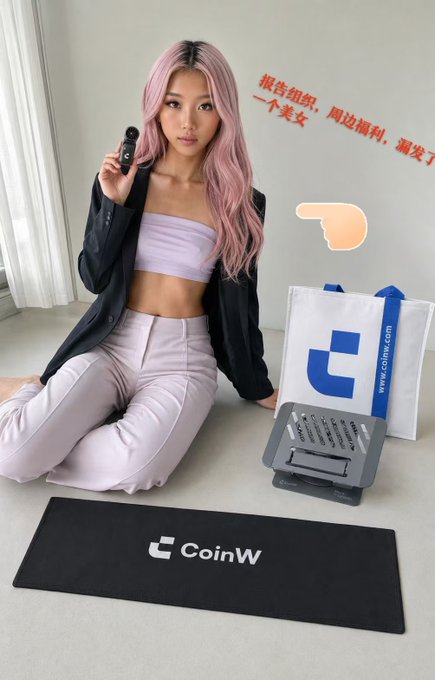 A pink-haired woman poses with CoinW merchandise including a branded mousepad, shopping bag, and laptop stand, with Chinese text pointing to her indicating she's a beautiful ambassador.