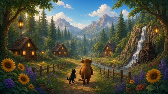 A fantasy digital illustration of a Highland cow and a black cat on a dirt path in a fairytale village with log cabins, mountains, a waterfall, and decorative lanterns.