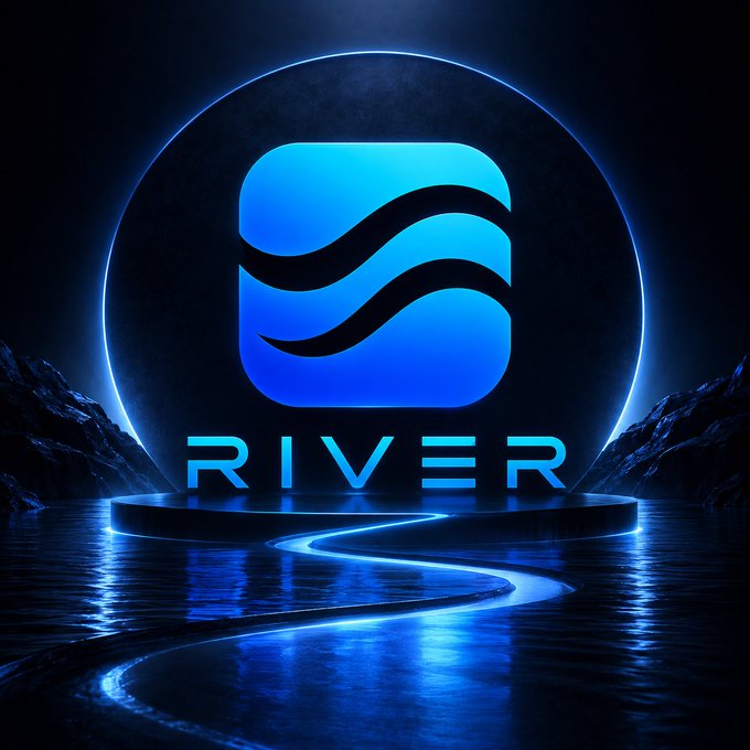 A glowing blue "RIVER" logo with flowing wave designs is displayed within a circular frame, reflected on a dark water surface with a winding illuminated river leading toward it. The image visually reinforces the post's message about River's satUSD stablecoin expanding real-world payment utility beyond traditional DeFi metrics.
