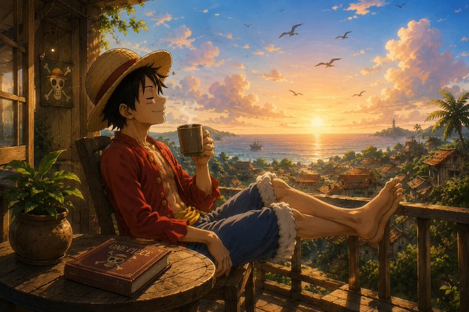 An anime-style illustration of a young man wearing a straw hat and red shirt, relaxing on a wooden balcony with his feet propped up while holding a steaming mug, overlooking a tropical island village at sunset with a 'ONE PIECE' book on the table beside him.