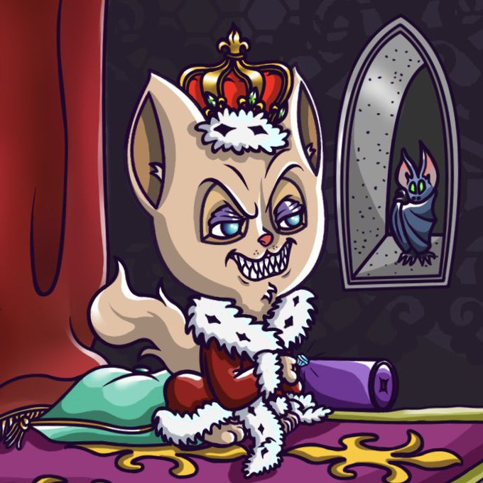 A cartoon illustration of a cat-like creature wearing a gold crown and red royal robes with white fur trim, smirking mischievously while a small bat perches in an arched window behind it.