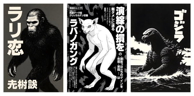 Three manga-style illustrations featuring a gorilla, a hairless cat, and Godzilla, each with Japanese text including 'ラリ恋' (Rari-koi) by Yukinobu Tatsu, 'ラパンガン' (Lapanganda), and 'ゴジラ' (Godzilla).