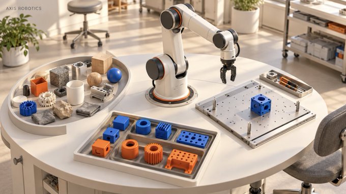 A robotic arm on a white table in a lab/workshop setting, with various 3D-printed parts, gears, and objects in blue and orange arranged in trays and trays labeled 'AXIS ROBOTICS'.