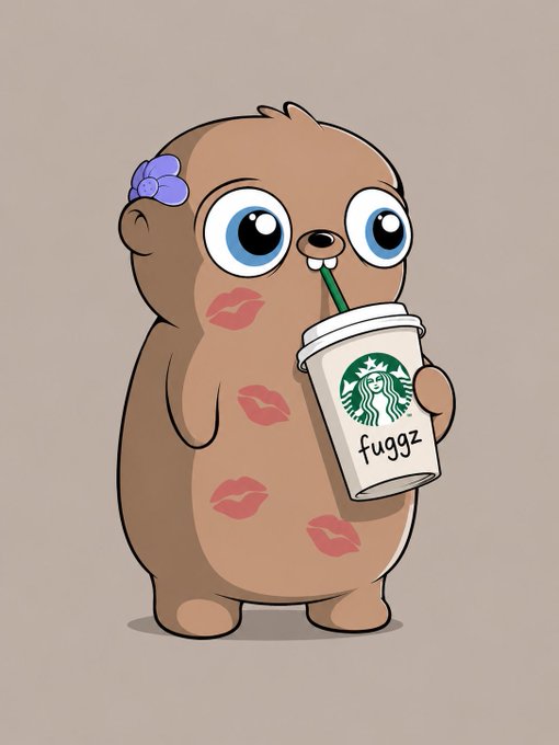 A cute cartoon illustration of a brown bear with a purple flower, kiss marks, and big blue eyes, sipping from a Starbucks cup labeled 'fuggz'.
