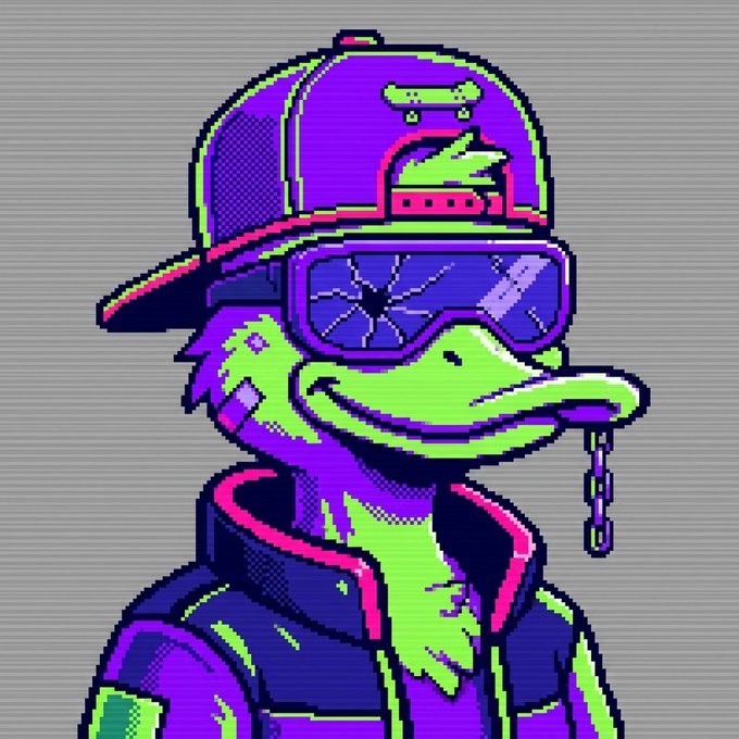 A pixel art duck wearing a neon purple and green cap, cracked ski goggles, and a matching jacket, embodying the "Cyber Ducks" NFT collection's aesthetic of cyberpunk style with "cracked visors" and "neon feathers." The vibrant green and purple color scheme with its glitchy, retro arcade vibe ties directly to the project's 99-piece free mint on Ethereum.