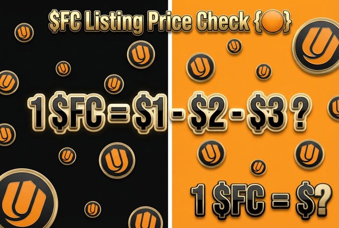 A promotional graphic titled "$FC Listing Price Check" featuring the Unich ($FC) logo on orange and black backgrounds, displaying the price prediction question "1 $FC = $1 - $2 - $3?" and "1 $FC = $?" to prompt viewers to share their expected Day 1 listing price for the $FC token.