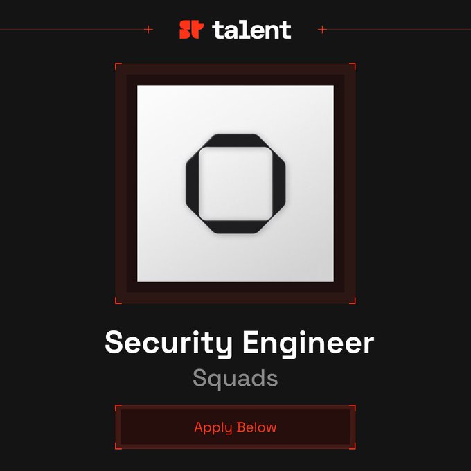 A promotional graphic for a Security Engineer position within the 'Squads' category, branded with the Fiverr talent logo and an 'Apply Below' button.