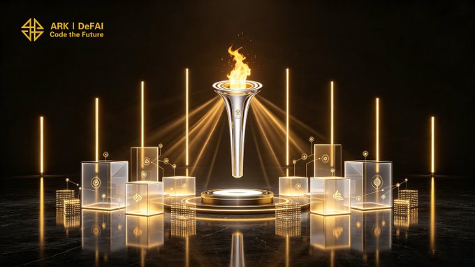 A glowing golden torch floats above a circular pedestal surrounded by illuminated blockchain cubes and vertical light beams, with the "ARK | DeFAI — Code the Future" logo in the top-left corner. The imagery visually reinforces the post's message of ARK as an empowering engine, with the torch symbolizing the spark of execution that ARK AI Agents ignite for builders in the decentralized AI ecosystem.
