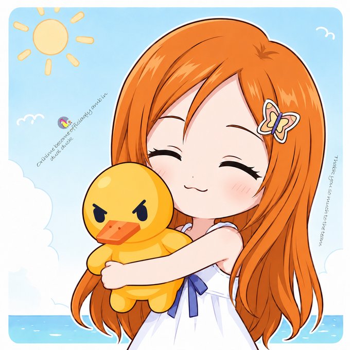 An anime-style illustration of a smiling girl with long orange hair hugging a grumpy-looking yellow duck against a sunny sky background.