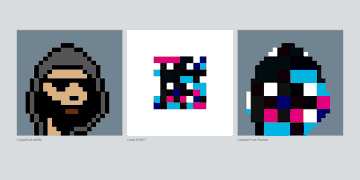 Three small square NFT profile pictures displayed side by side, including a pixel art hooded figure, a glitch-style QR code, and a colorful distortion face.