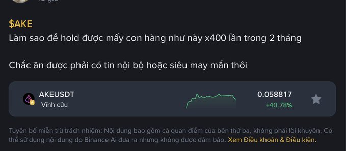 The image shows a Binance social media post in Vietnamese by user "AKEUSDT" questioning how to hold tokens like $AKE for x400 returns in 2 months, suggesting insider info or luck is needed. The accompanying tweet references asking @cz_binance about achieving such gains, with the post showing $AKEUSDT at 0.058817 with a +40.78% increase, expressing skepticism about the rarity of actually profiting from such volatile meme coin pumps.