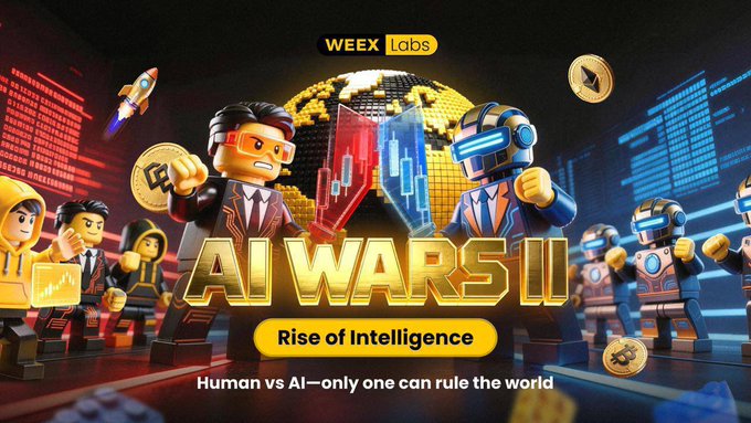 A bold, LEGO-style promotional graphic for WEEX Labs' "AI WARS II: Rise of Intelligence" trading competition, featuring stylized human and robot characters battling with candlestick charts amid floating crypto coins. The caption "Human vs AI—only one can rule the world" ties into the post's announcement of WEEX's global event tour leading up to TOKEN2049, with this latest stop in Bali being one of 31 events across 20+ cities before Singapore.
