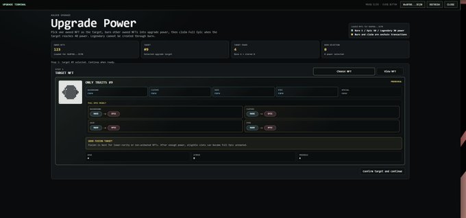 A dark-themed 'Upgrade Power' upgrade NFT website interface showing a target NFT (12) and various NFT selection slots.