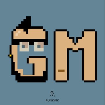 A pixel art image featuring a character with glasses next to the letters 'GM' on a blue background, credited to 'PUNK#1K'.