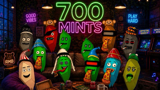 A vibrant NFT scene features various cartoonish character collectibles gathered around a neon sign reading "700 MINTS," with additional glowing signs displaying "GOOD VIBES" and "PLAY HARD," along with "RMB" branding on cans and characters, celebrating the milestone of minting 700 RMB NFTs.