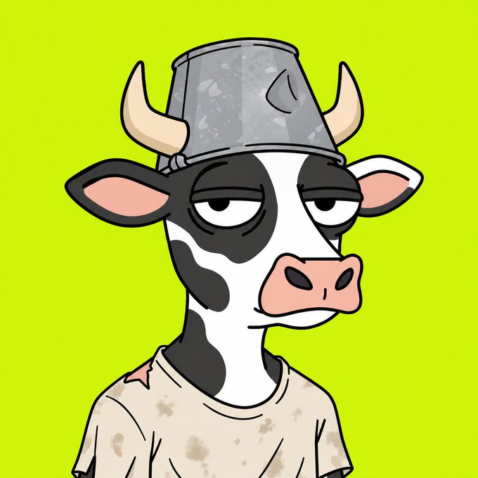 An NFT-style illustration of a bored-looking cow wearing a bucket on its head and a stained beige shirt against a bright yellow-green background.