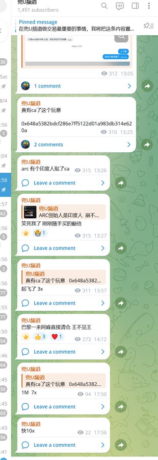 A Telegram channel screenshot titled "兜U频道" (DOU Channel) showing posts about a cryptocurrency token ("ca") with address 0x648a5382bdc..., including pinned messages about ARC chain, a notification that a bot is following you, and various pinned messages showing trading activity with eye counts (315, 310, 273) and timestamps. The pinned "1M 7x" and "10x" messages with view counts (94, 22) directly correspond to the post's claim of delivering a 10x return on the ARC chain token.