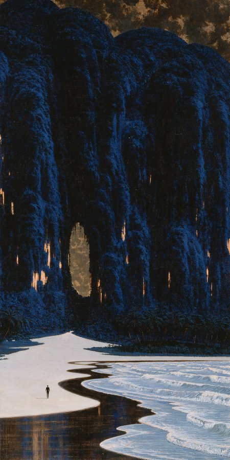 A surreal landscape painting depicting a tiny figure standing on a white beach facing a massive dark blue mountain with glowing orange lights and a luminous doorway.