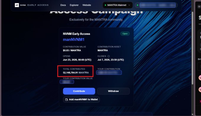 A dark-themed MANTRA/NVMM Early Access campaign page shows a token sale for manVNMM1 at $0.03 per MANTRA, with a total contributed of 52,148,754.91 MANTRA highlighted in a red box.