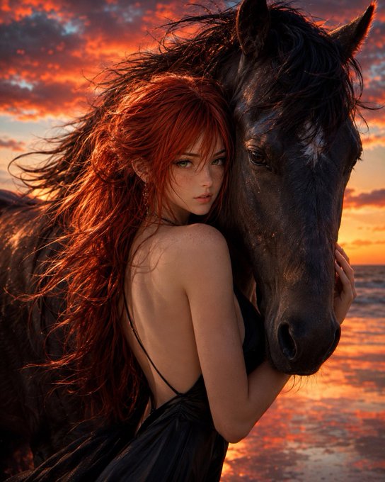 A fantasy-style illustration of a red-haired woman in a black dress embracing a large black horse against a fiery orange sunset over water.