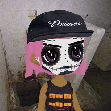 An anime-style pink-haired character wearing a black 'Primos' cap and a denim outfit, edited over a grimy sink background.